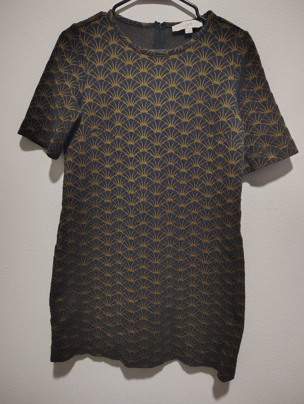 LOFT Black Dress with Gold Fan-Print Short Sleeve